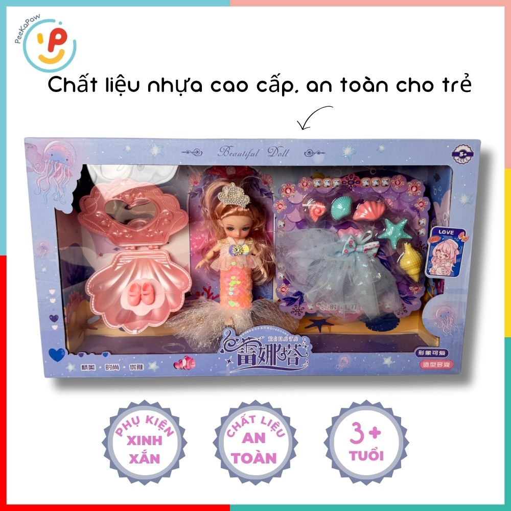 Búp bê nàng tiên cá kèm váy và phụ kiện hóa trang biển cả 678-30 PeeKaPaw Toys
