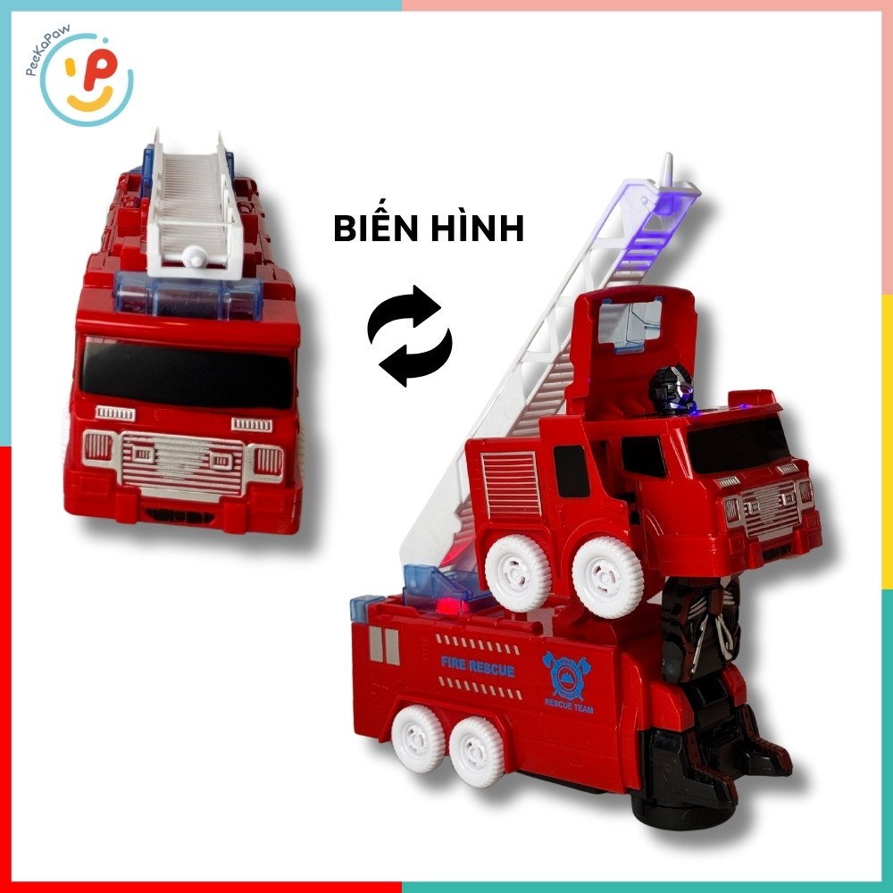 Đồ chơi Xe cứu hỏa biến hình robot có đèn và âm thanh sống động 222-19 PeeKaPaw Toys