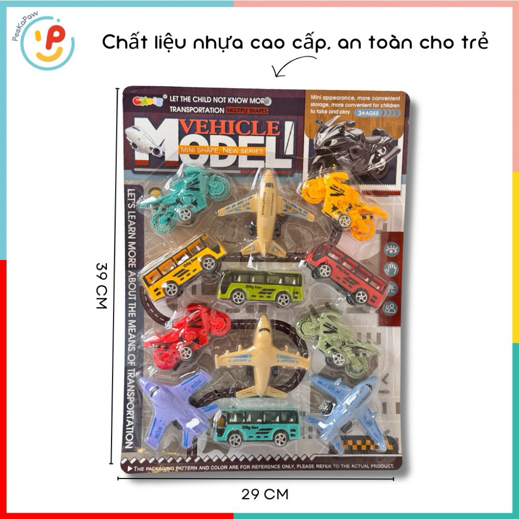 Vỉ 12 Mô Hình Máy Bay Xe Buýt Xe Mô Tô Mini Giao Thông PeeKaPaw Toys
