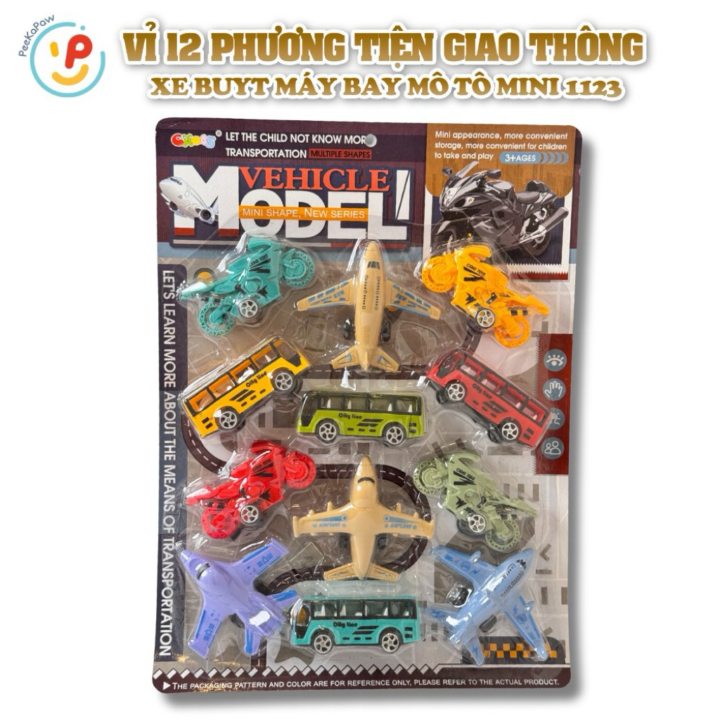 Vỉ 12 Mô Hình Máy Bay Xe Buýt Xe Mô Tô Mini Giao Thông PeeKaPaw Toys