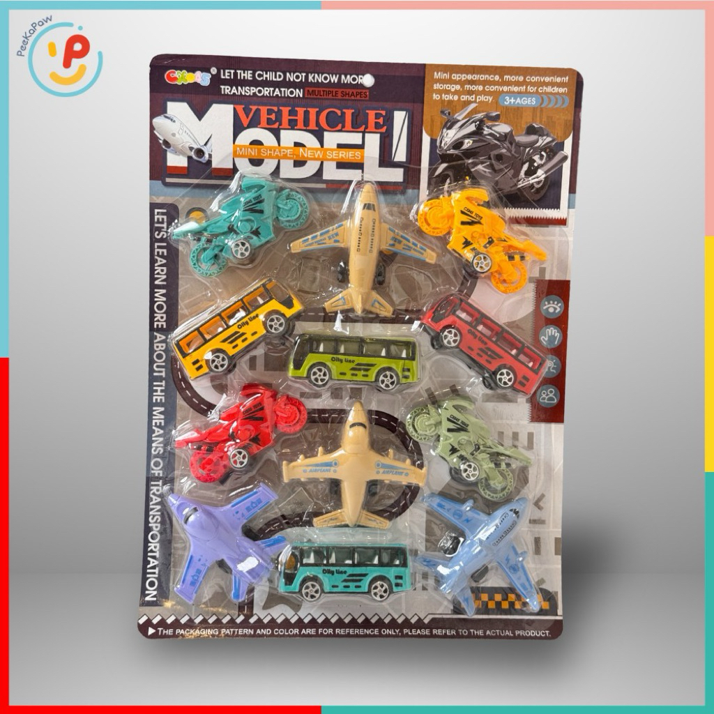 Vỉ 12 Mô Hình Máy Bay Xe Buýt Xe Mô Tô Mini Giao Thông PeeKaPaw Toys