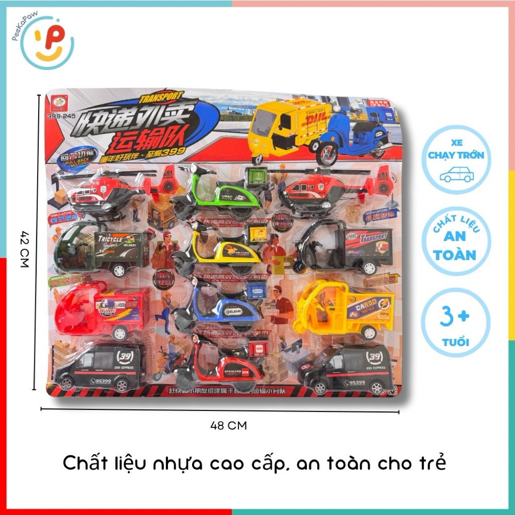 Vỉ 12 Mô Hình Máy Bay Xe Buýt Xe Mô Tô Mini Giao Thông PeeKaPaw Toys