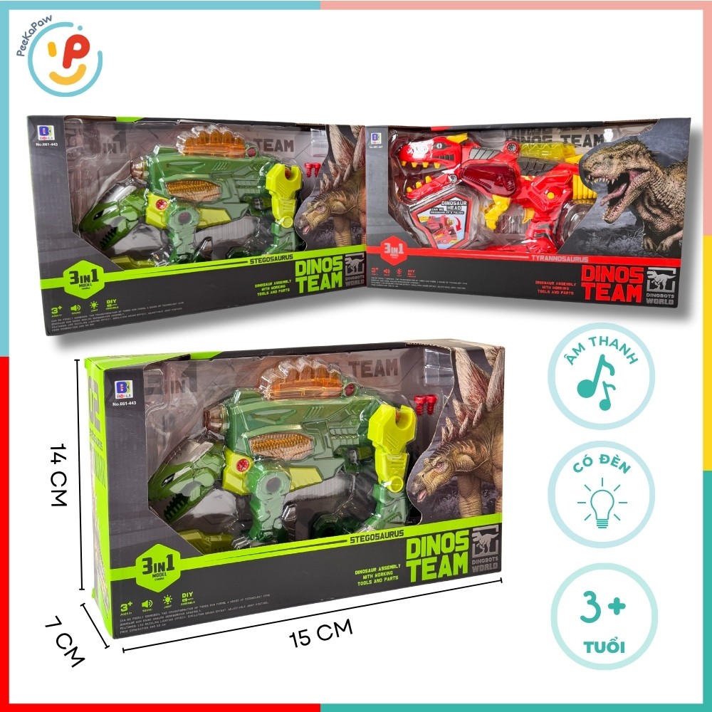 Mô Hình Lắp Ráp Khủng Long Có Đèn Âm Thanh 3in1 DIY Mã 661-447 PeeKaPaw Toys