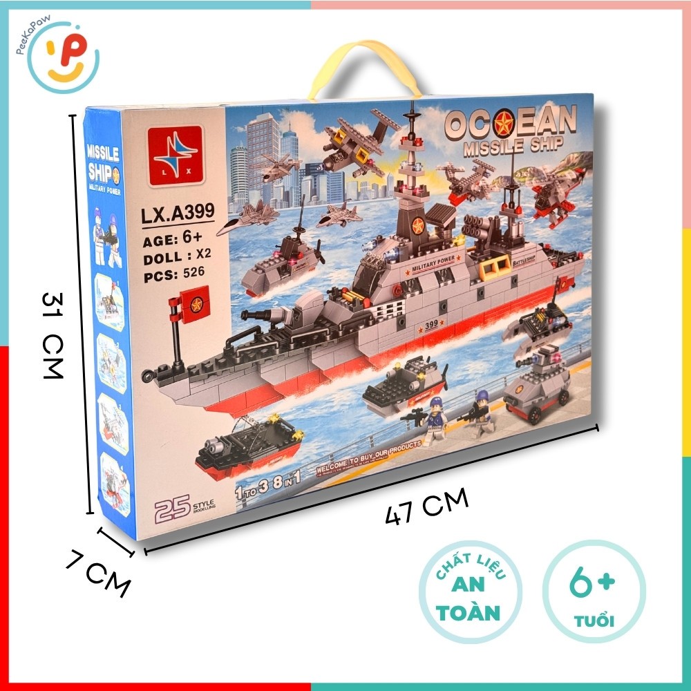 Bộ Lắp Ráp Tàu Chiến Ocean Missile Ship LX.A399 526 Mảnh 8in1 Có 2 Nhân Vật – PeeKaPaw Toys