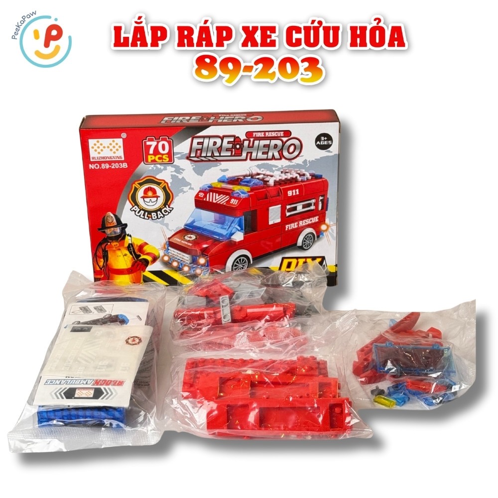 Đồ chơi lắp ráp xe cứu hoả chạy trớn 70 chi tiết mã 89-203B PeeKaPaw Toys