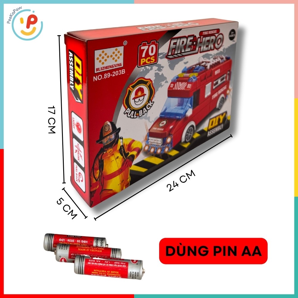 Đồ chơi lắp ráp xe cứu hoả chạy trớn 70 chi tiết mã 89-203B PeeKaPaw Toys