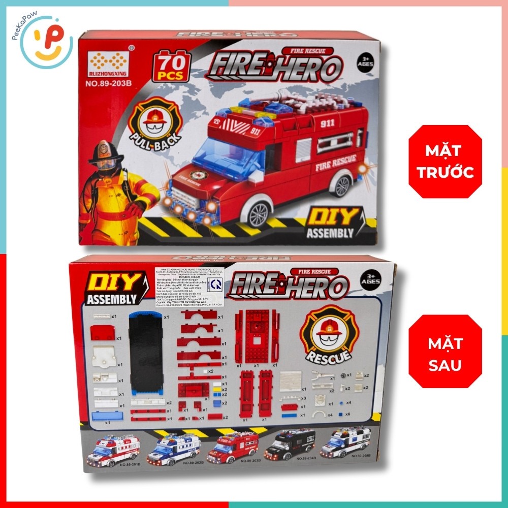 Đồ chơi lắp ráp xe cứu hoả chạy trớn 70 chi tiết mã 89-203B PeeKaPaw Toys