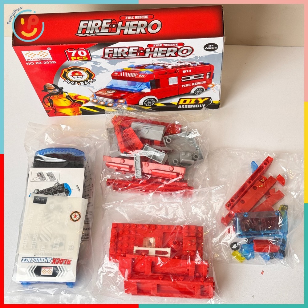 Đồ chơi lắp ráp xe cứu hoả chạy trớn 70 chi tiết mã 89-203B PeeKaPaw Toys