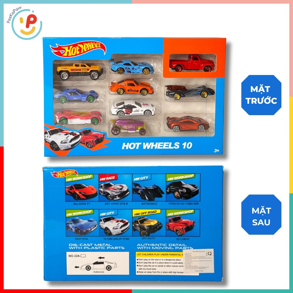 Đồ chơi hộp 10 xe mô hình Hot Wheel chạy trớn mã 324 PeeKaPaw Toys