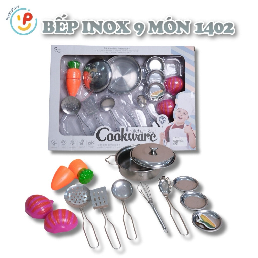 Đồ chơi nhà bếp chất liệu inox 9 món 1402 Đồ chơi nấu ăn PeeKaPaw Toys