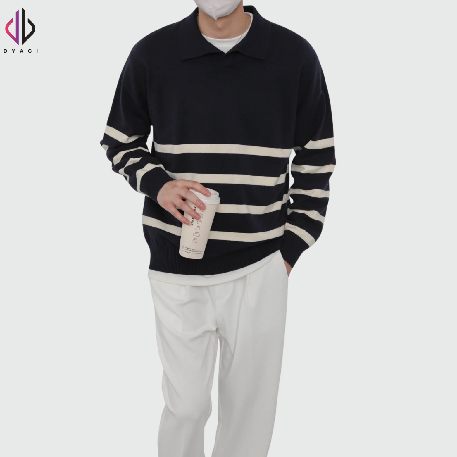 Áo Len Nam Cổ Polo Phối Kẻ Ngang DYACI Kiểu Dáng Sweater Phong Cách Hàn Quốc AL67