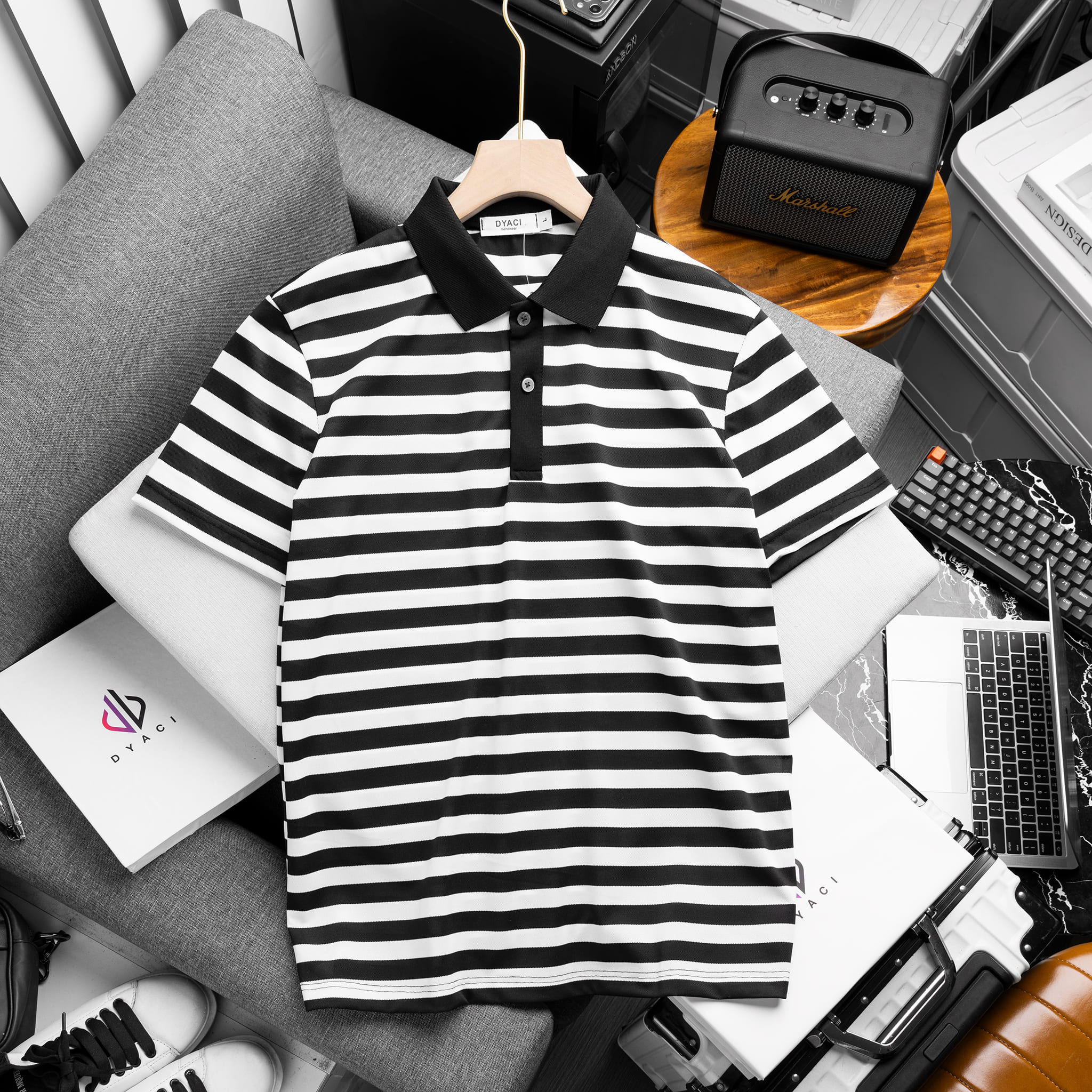 Áo Polo Kẻ To Cổ Bẻ Cộc Tay DYACI Hoạ Tiết Kẻ Ngang To Kiểu Dang Trẻ Trung Phong Cách Hàn Quốc Ngắn Tay Menswear DA004
