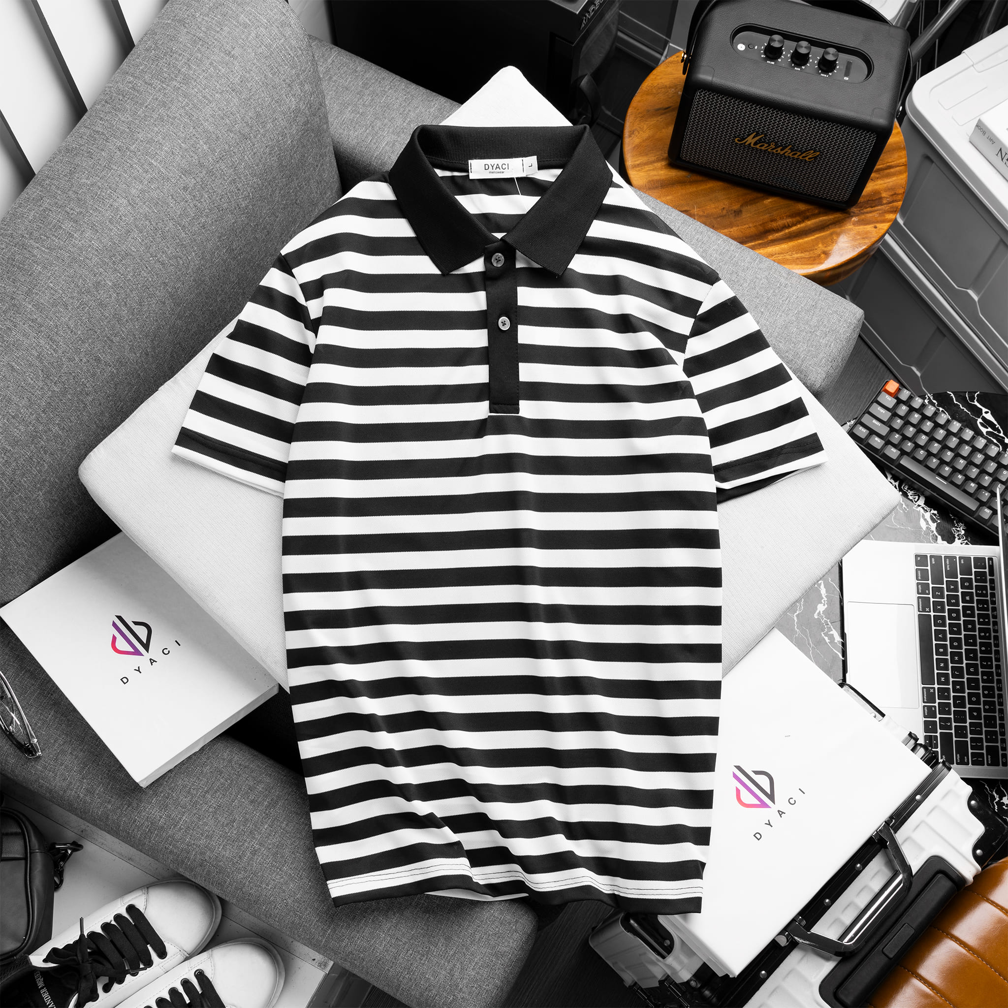 Áo Polo Kẻ To Cổ Bẻ Cộc Tay DYACI Hoạ Tiết Kẻ Ngang To Kiểu Dang Trẻ Trung Phong Cách Hàn Quốc Ngắn Tay Menswear DA004