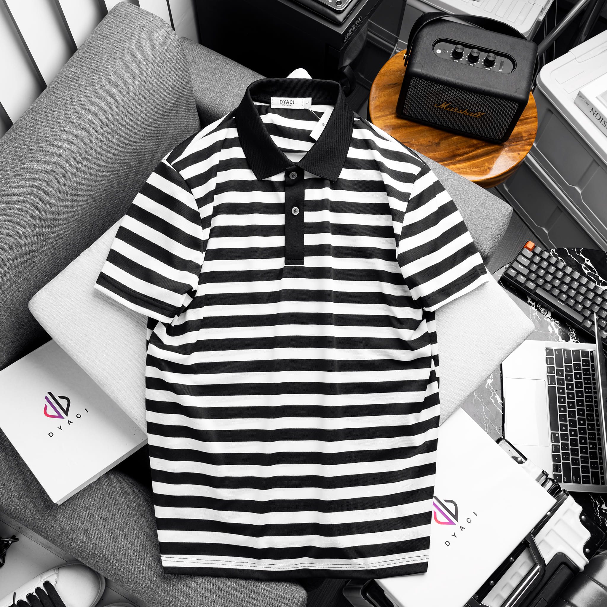 Áo Polo Kẻ To Cổ Bẻ Cộc Tay DYACI Hoạ Tiết Kẻ Ngang To Kiểu Dang Trẻ Trung Phong Cách Hàn Quốc Ngắn Tay Menswear DA004
