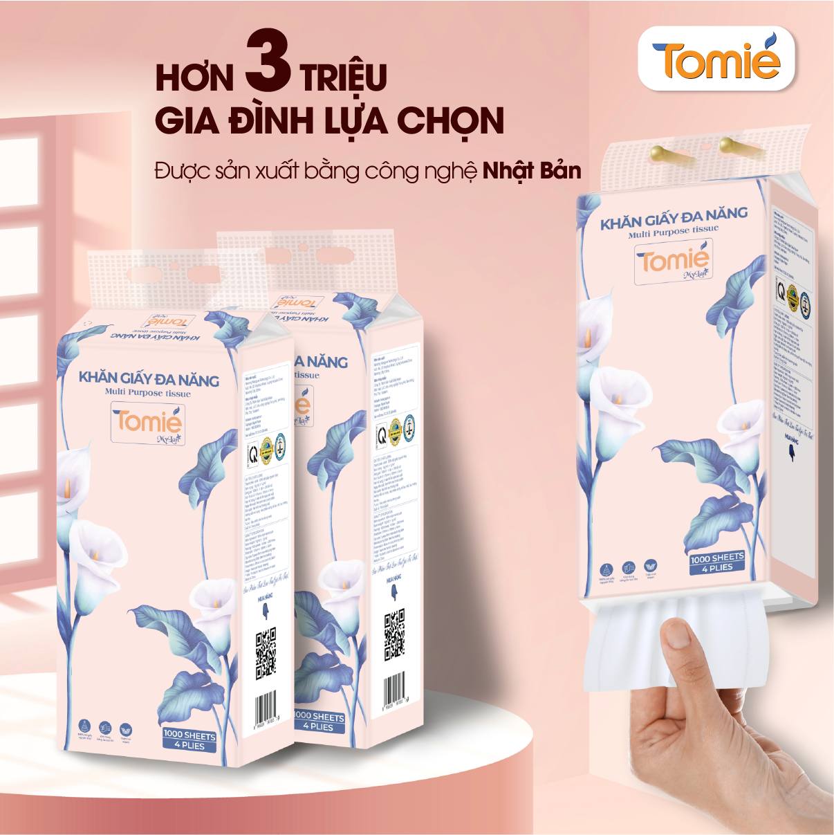 Giấy rút đáy đa năng TOMIÉ 1000 tờ – 8 dây/thùng