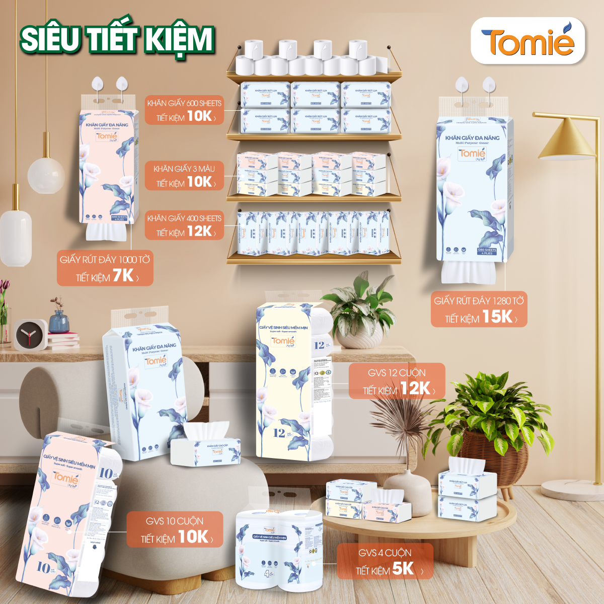 Giấy rút đáy đa năng TOMIÉ 1000 tờ – 8 dây/thùng