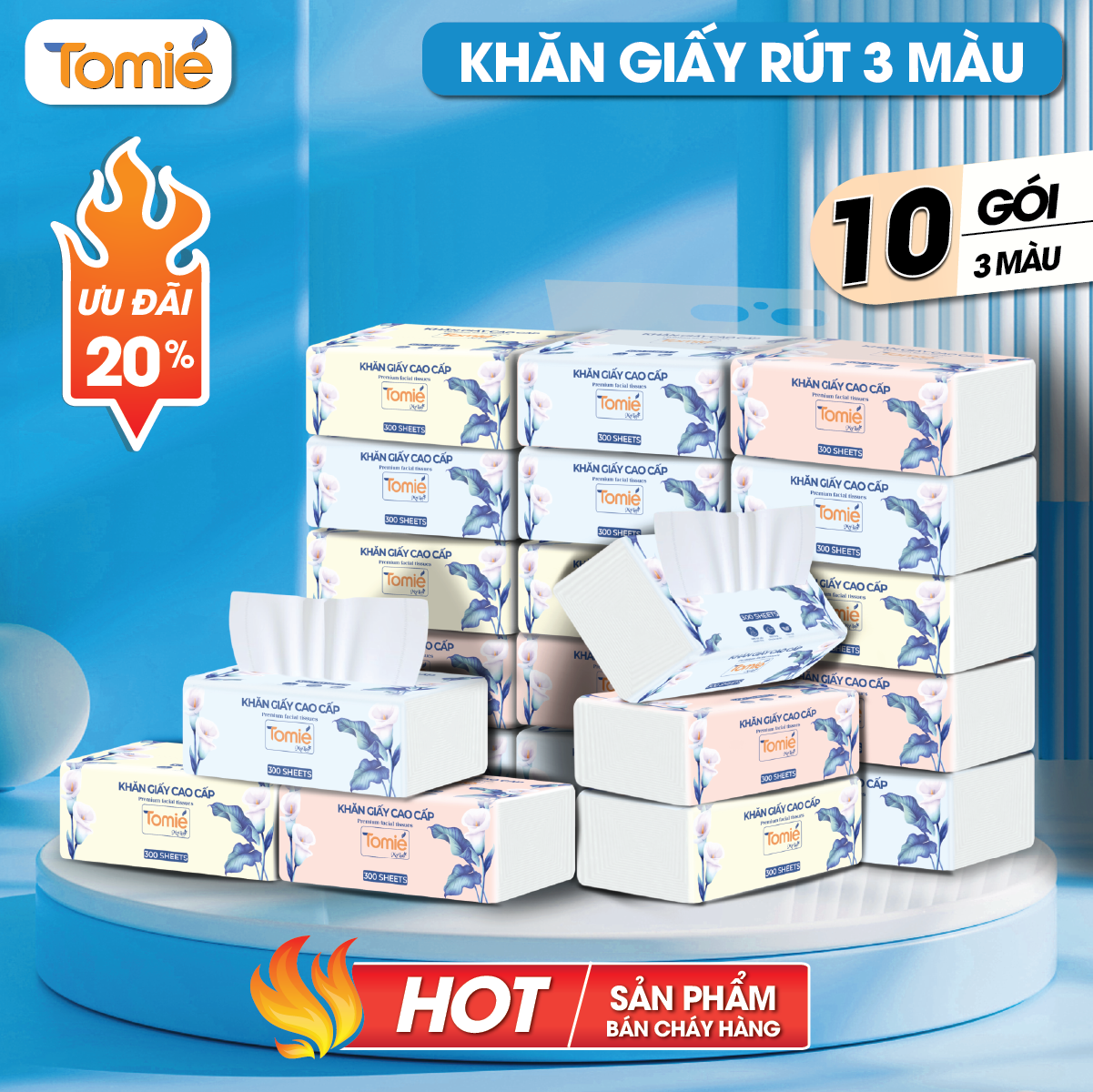 Giấy rút TOMIÉ 300 tờ/gói , 10 gói/Lốc, 100 gói/bịch