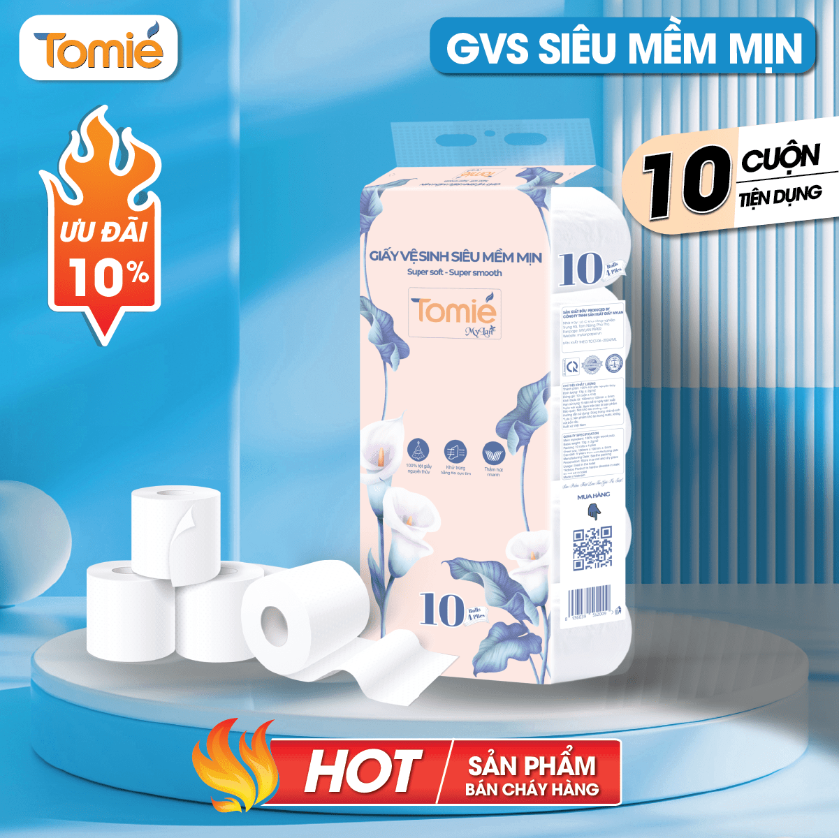 Giấy vệ sinh TOMIÉ siêu mềm mịn có lõi – 10 cuộn/dây, 10 dây/bịch