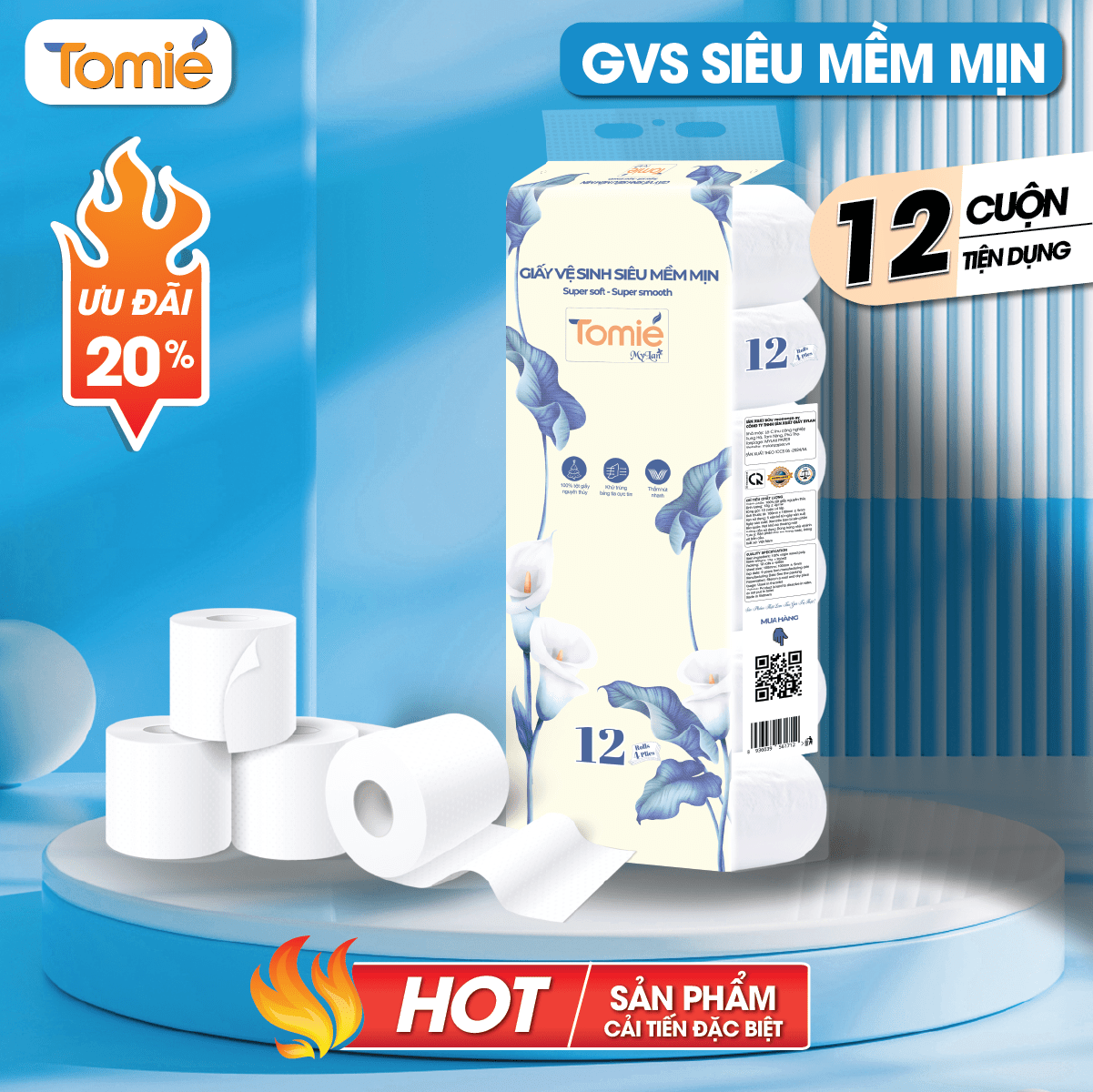 Giấy vệ sinh TOMIÉ siêu mềm mịn – 12 cuộn/dây, 10 dây/bịch