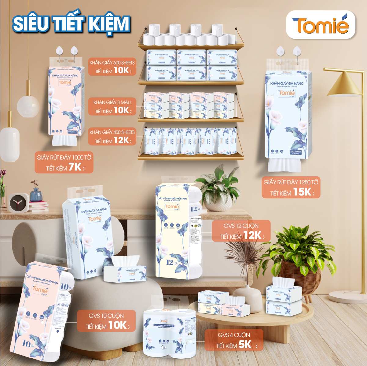 Giấy rút TOMIÉ 300 tờ/gói , 10 gói/Lốc, 100 gói/bịch