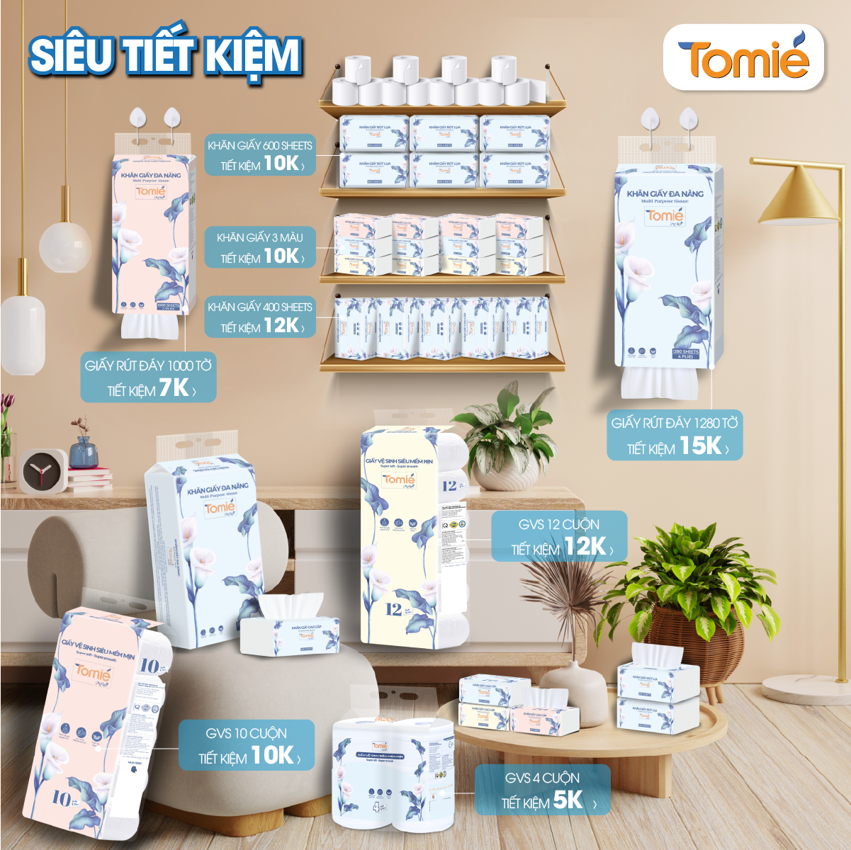 Khăn giấy cao cấp TOMIÉ 400 tờ /gói, 8 gói/lốc, 15 lốc/bịch