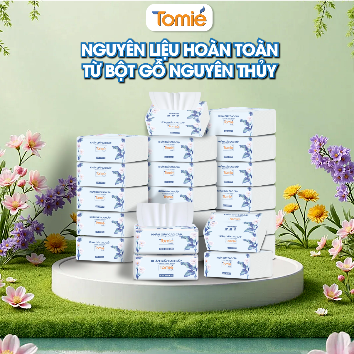 Khăn giấy lụa TOMIE 400 tờ, 175x155, 8 gói/lốc, 15 lốc/bịch
