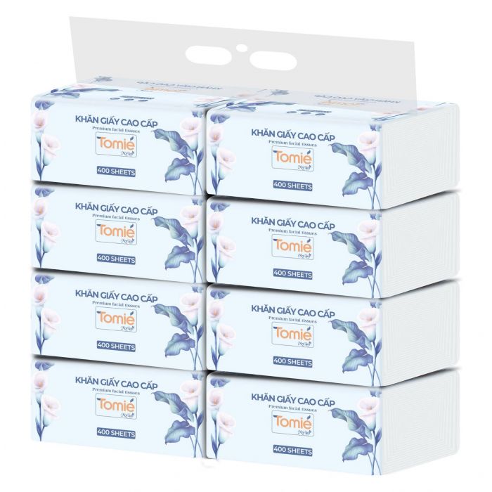 Khăn giấy lụa TOMIE 400 tờ, 175x155, 8 gói/lốc, 15 lốc/bịch