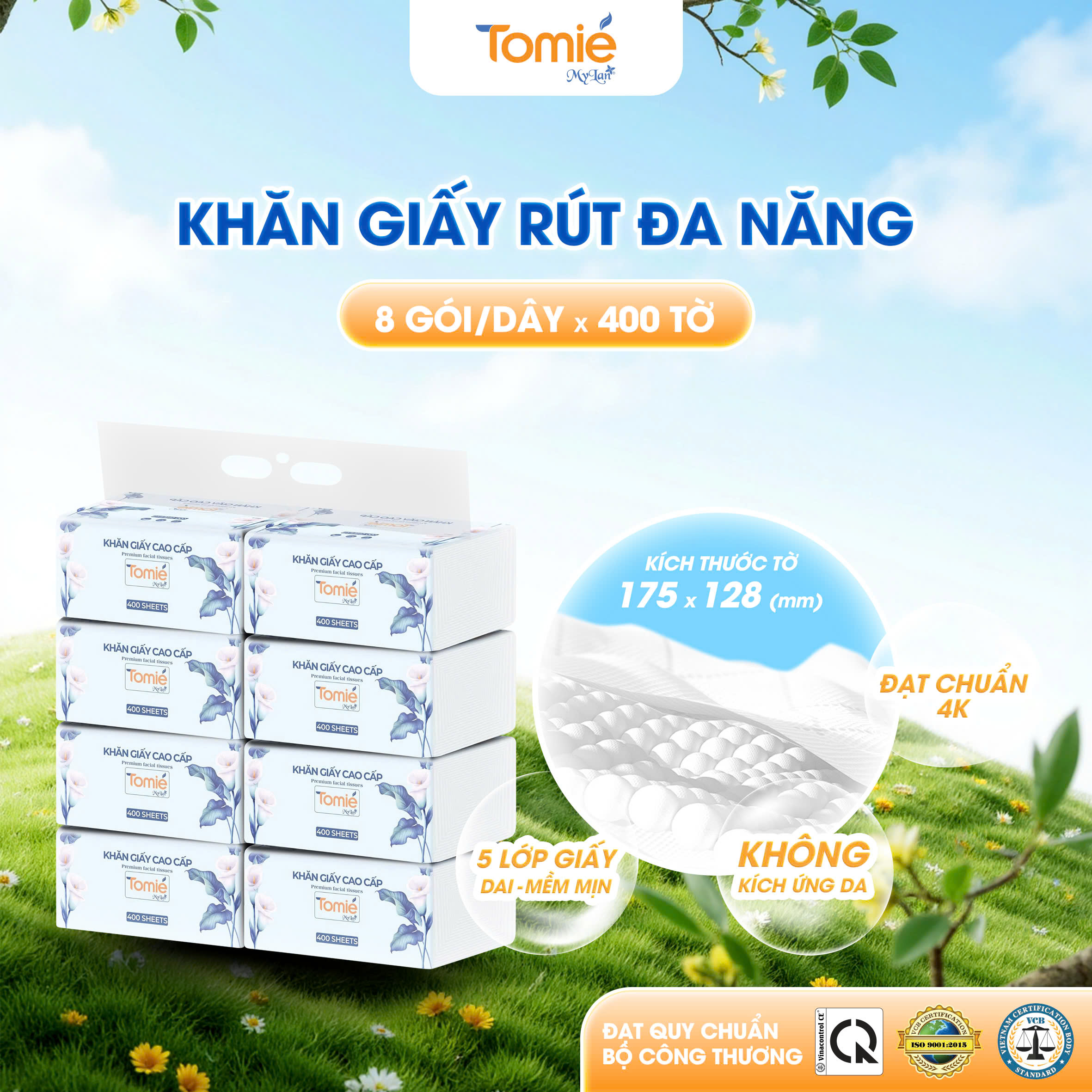 TOMIE - Dây 8 gói Khăn giấy rút 5 Lớp 400 tờ 175x128mm