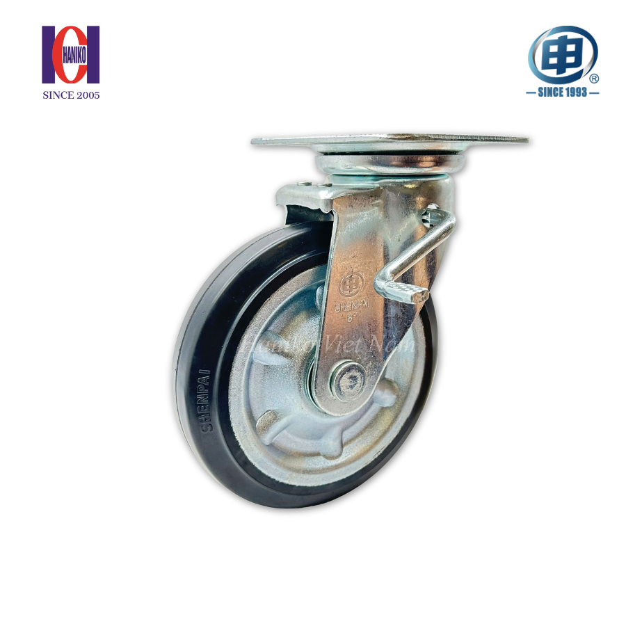 Bánh xe shenpai cao su phi 200 xoay khóa bản 45