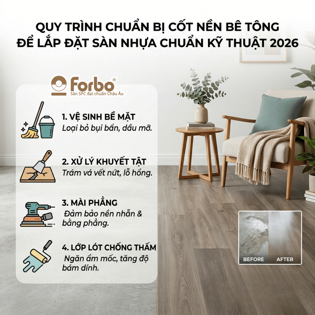 QUY TRÌNH CHUẨN BỊ CỐT NỀN BÊ TÔNG ĐỂ LẮP ĐẶT SÀN NHỰA CHUẨN KỸ THUẬT 2026