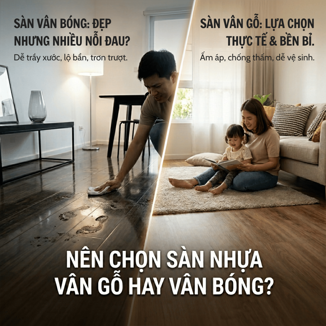 NÊN CHỌN SÀN NHỰA VÂN GỖ HAY VÂN BÓNG CHO KHÔNG GIAN SỐNG?