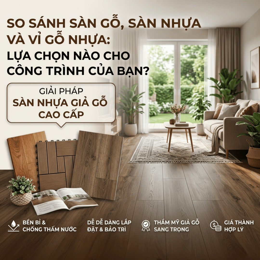 SO SÁNH SÀN GỖ, SÀN NHỰA VÀ VỈ GỖ NHỰA: LỰA CHỌN NÀO CHO CÔNG TRÌNH CỦA BẠN?