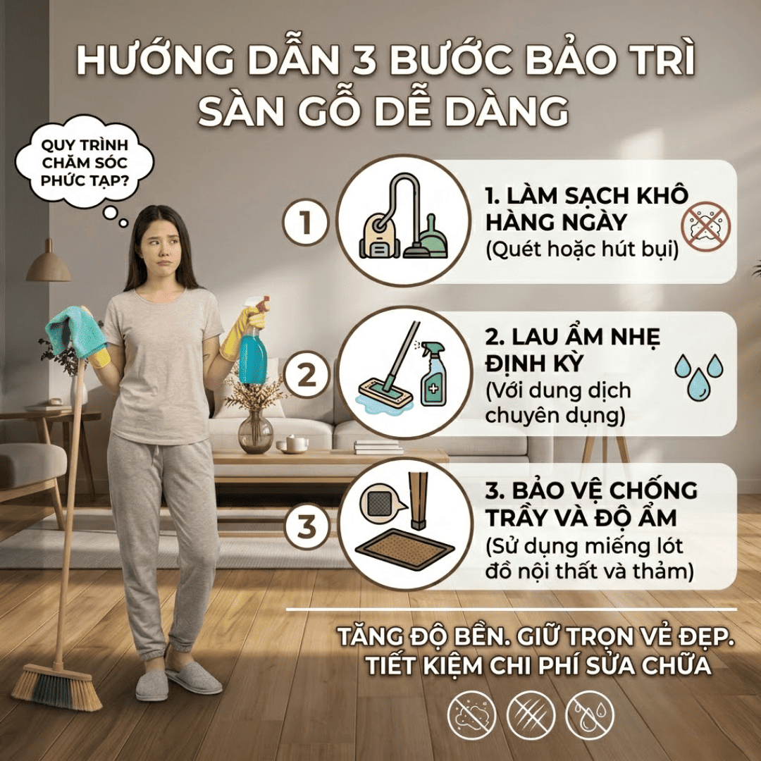 HƯỚNG DẪN 3 BƯỚC DỄ DÀNG ĐỂ BẢO TRÌ SÀN GỖ: TĂNG ĐỘ BỀN VÀ GIỮ VẺ ĐẸP HOÀN MỸ
