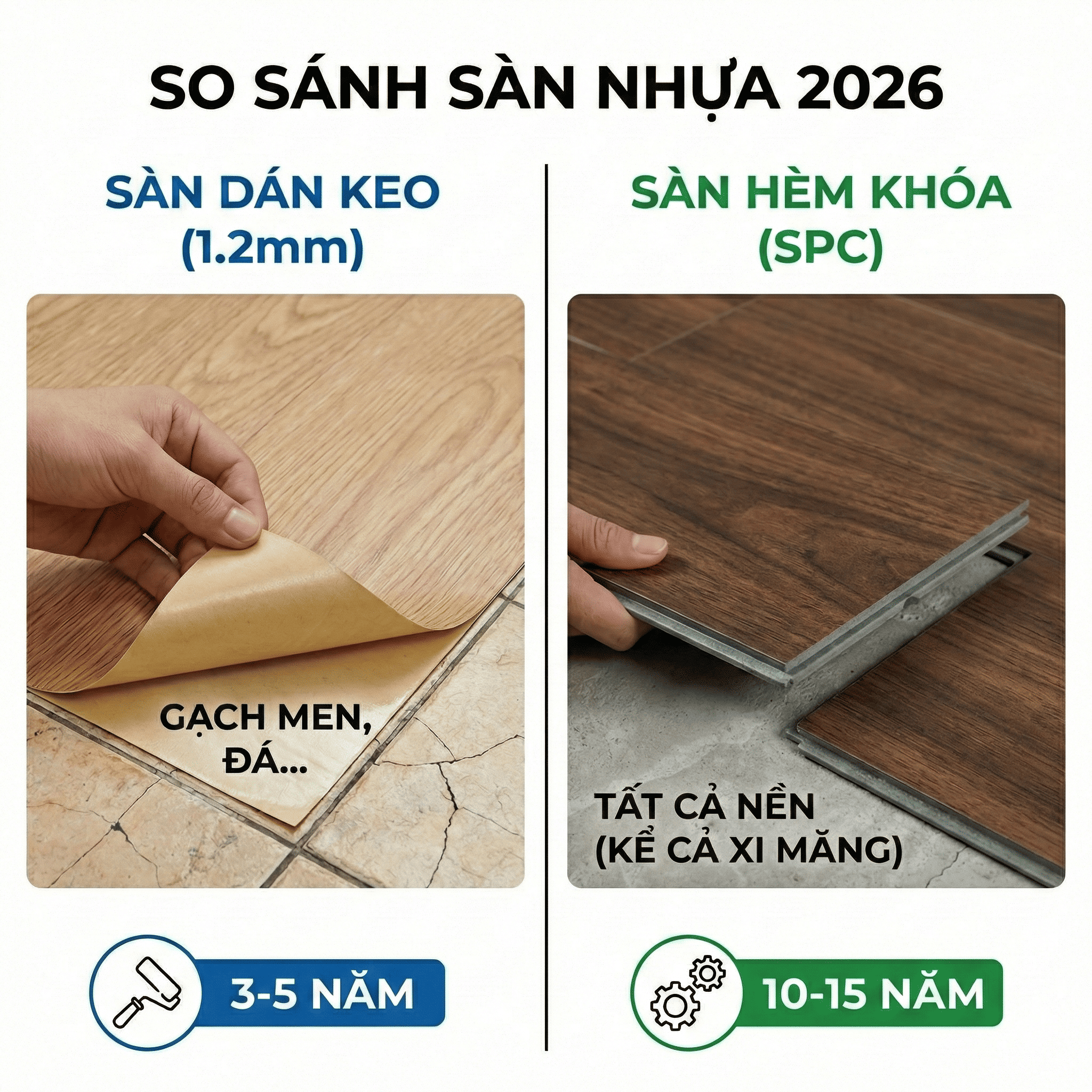 So sánh giữa Sàn nhựa dán và Sàn nhựa hẻm khóa. Nền gạch và xi măng