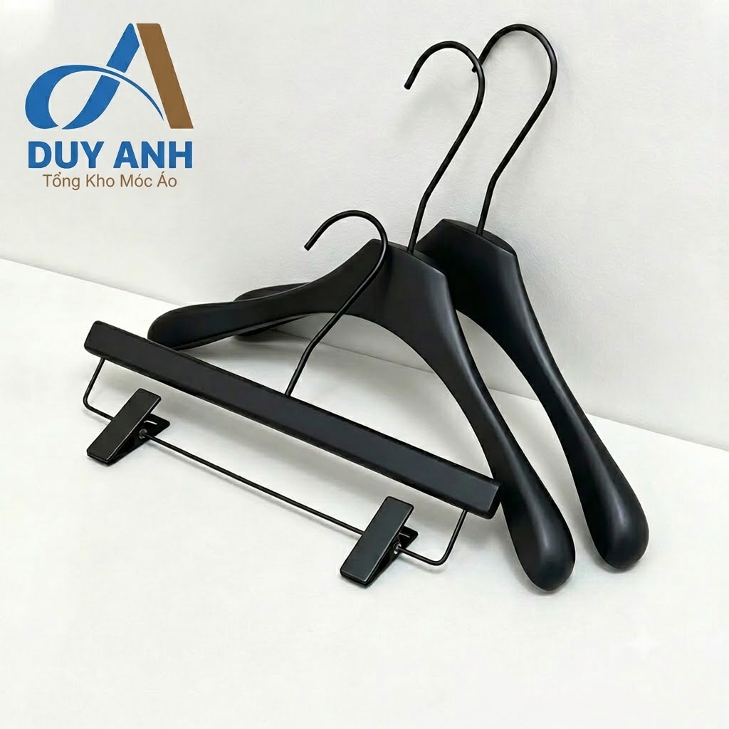Móc Áo Gỗ Nữ Cao Cấp - Đen Mạ Đen - Dày 3cm