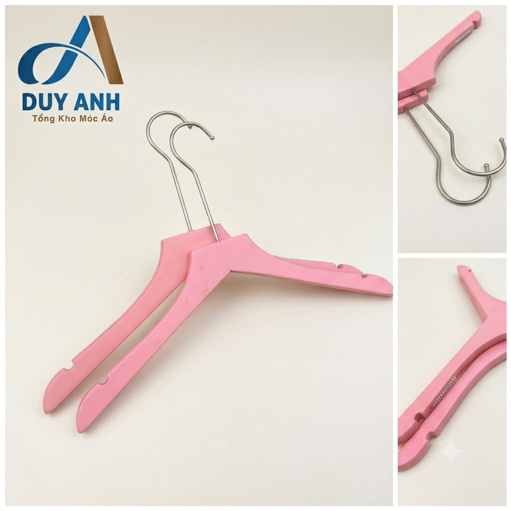 Móc Áo Gỗ Nữ - Hồng Bằng - Đầu Mạ Crom Bạc