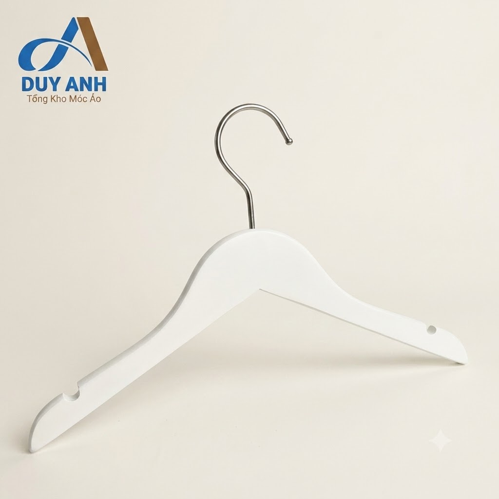 Móc Áo Gỗ Trẻ Em - Trắng Tròn - Đầu Móc Crom Bạc