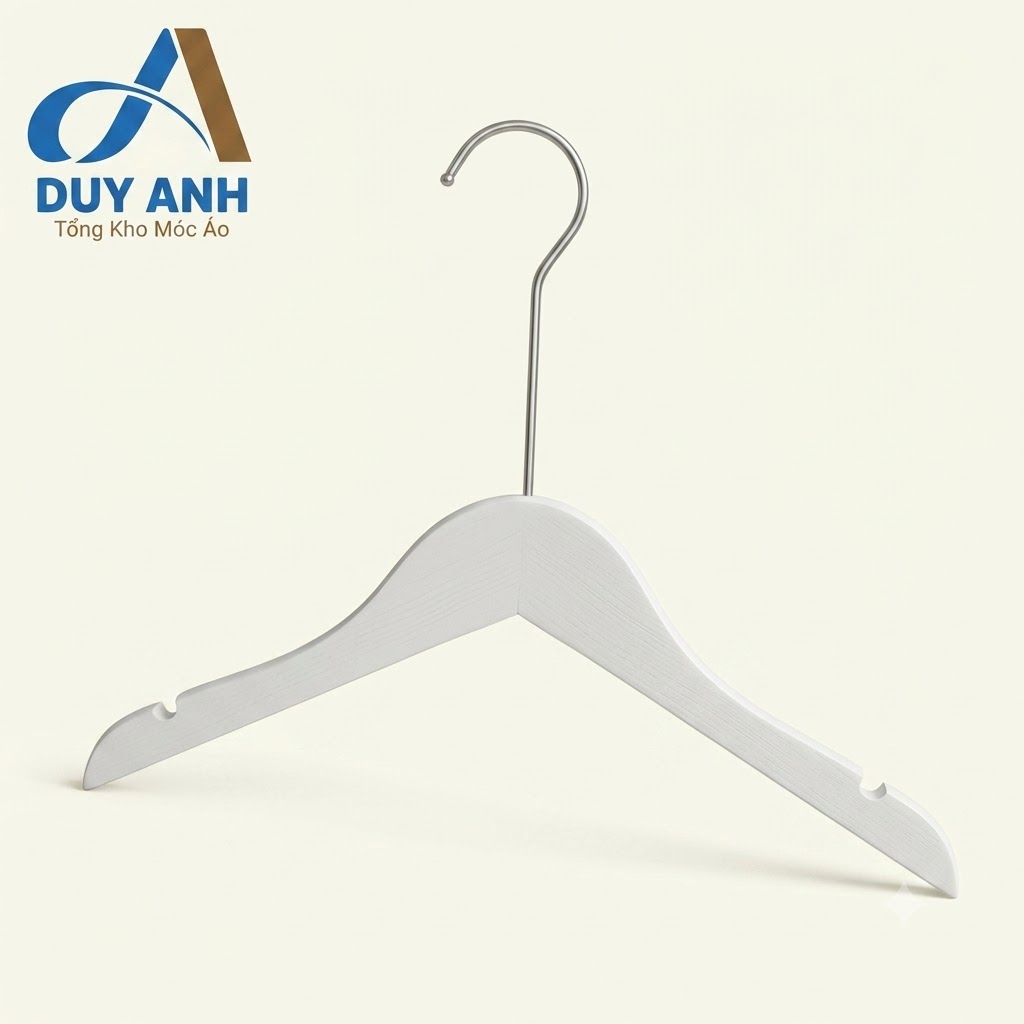 Móc Áo Gỗ Trẻ Em - Trắng Tròn - Đầu Móc Crom Bạc