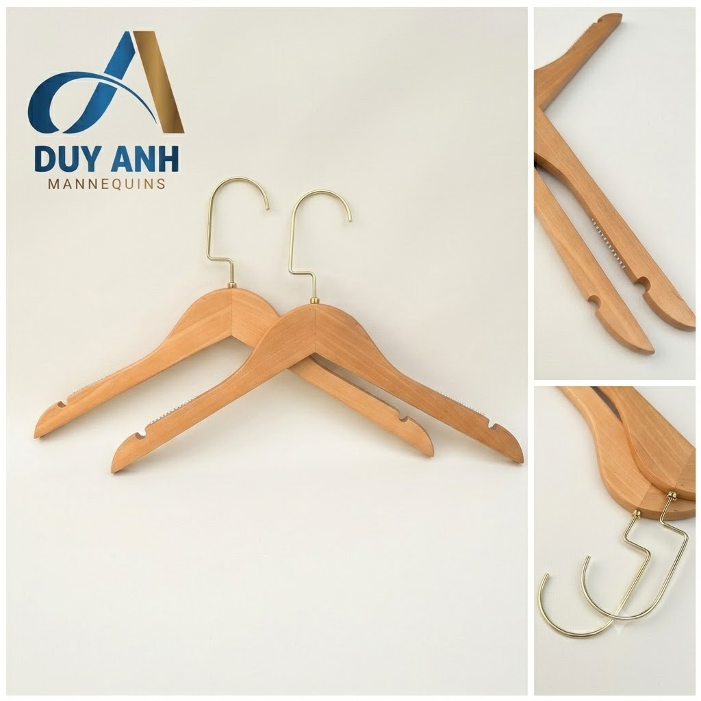 Móc Áo Gỗ Nữ - Vàng Tròn - Đầu Mạ Vàng
