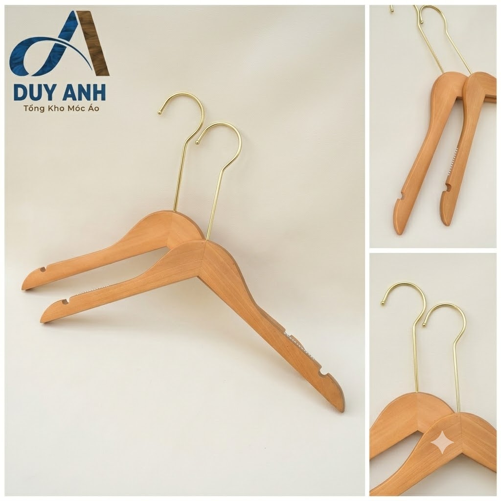Móc Áo Gỗ Nữ - Vàng Tròn - Đầu Mạ Vàng