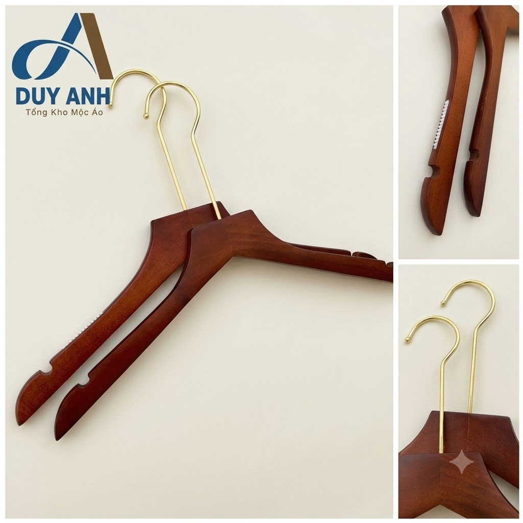 Móc Áo Gỗ Nữ - Nâu Bằng - Đầu Mạ Vàng