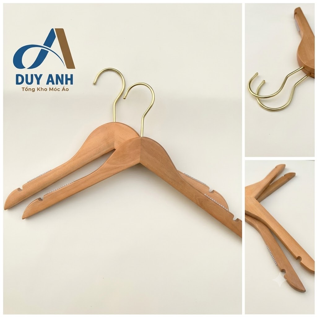 Móc Áo Gỗ Nữ - Vàng Tròn - Đầu Mạ Vàng