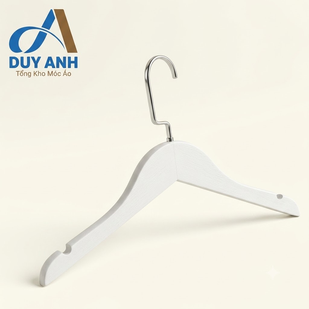 Móc Áo Gỗ Trẻ Em - Trắng Tròn - Đầu Móc Crom Bạc