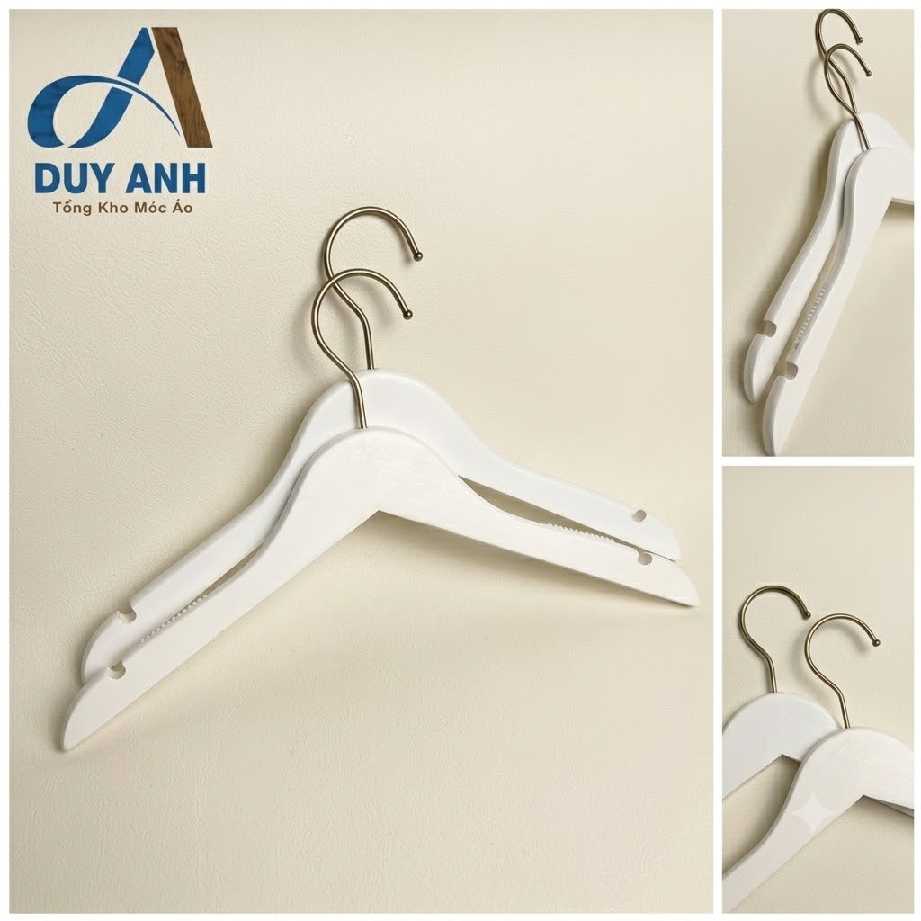 Móc Áo Gỗ Nữ - Trắng Tròn - Đầu Mạ Crom Bạc