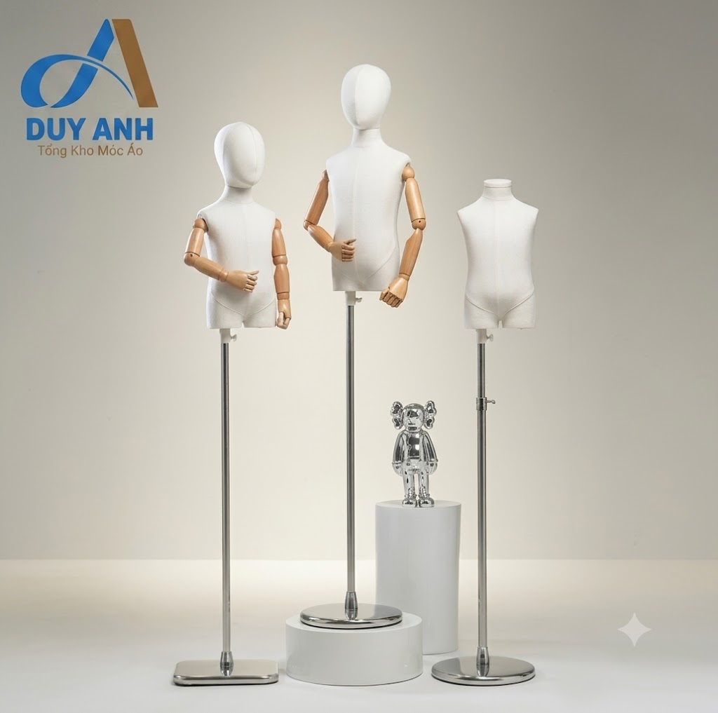 Manocanh Trẻ Em Tay Gỗ Đầu Vải Cao Cấp – Chân Inox Dày Vuông & Tròn (Đủ Size 1-10 Tuổi)