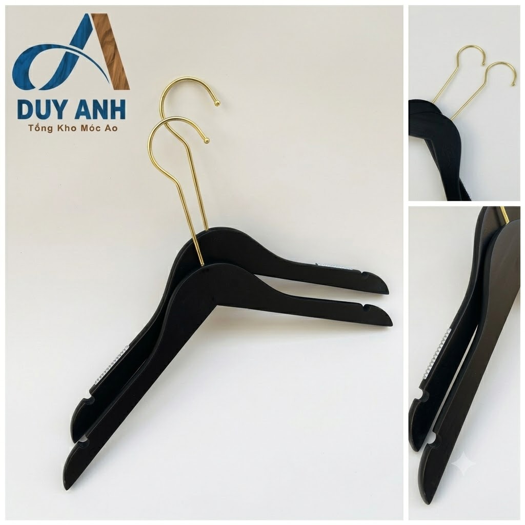 Móc Áo Gỗ Nữ - Đen Tròn - Đầu Mạ Vàng