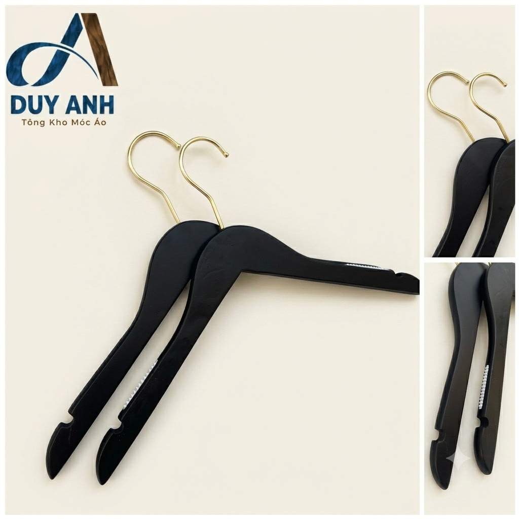 Móc Áo Gỗ Nữ - Đen Tròn - Đầu Mạ Vàng