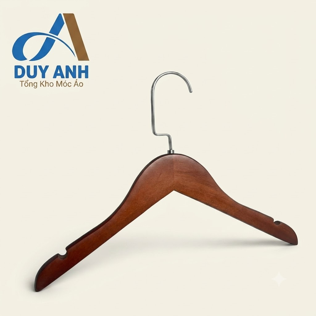 Móc Áo Gỗ Trẻ Em - Nâu Tròn - Đầu Mạ Crom ạc