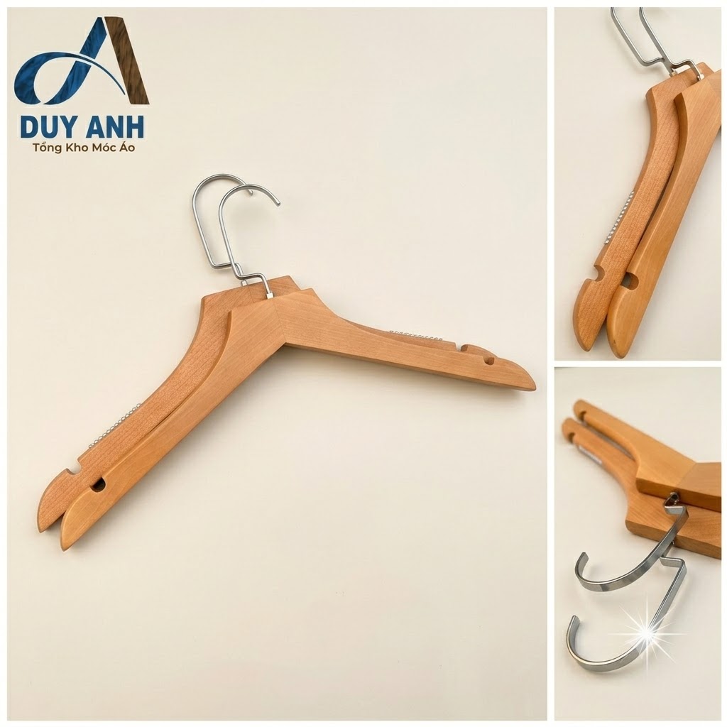 Móc Áo Gỗ Nữ - Vàng Bằng - Đầu Mạ Crom