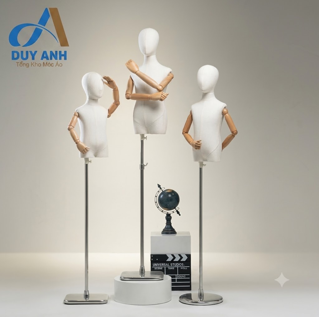 Manocanh Trẻ Em Tay Gỗ Đầu Vải Cao Cấp – Chân Inox Dày Vuông & Tròn (Đủ Size 1-10 Tuổi)